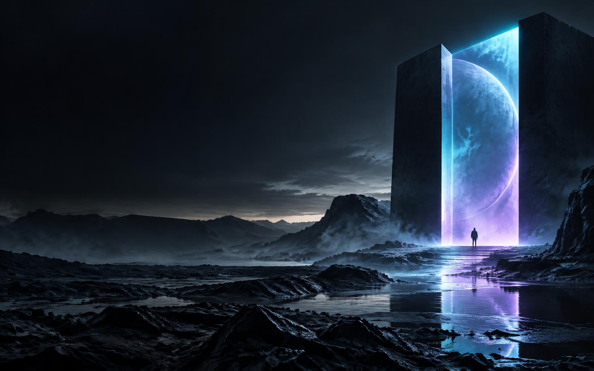 Luminous portal in a dark landscape
